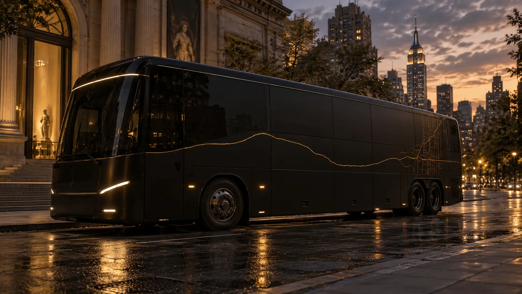 Concept rendering of a matte black coach parked outside a museum at dusk